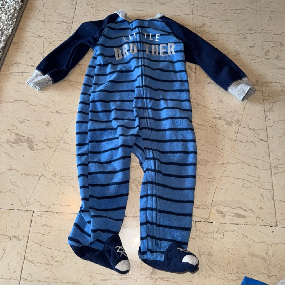 Baby Boy CARTER’S BLUE striped Little Brother Fleece One Piece Footie Pajama 9m